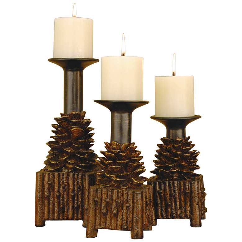 Gold Resin Pine Cone Taper Candle Holders Set of 3