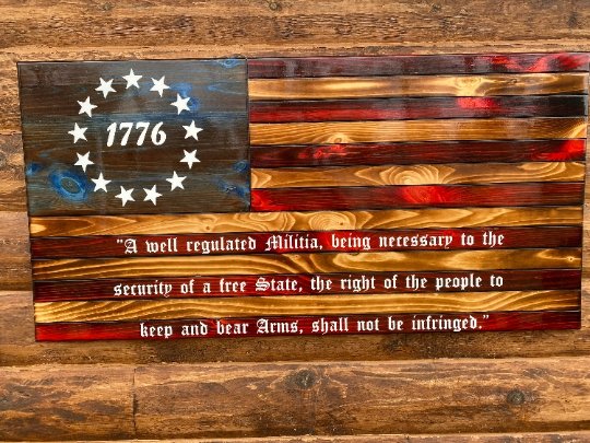 91111-E Rustic 1776 Betsy Ross Wooden Flag With 2nd Amendment - Engraved - Ozark Cabin Décor, LLC
