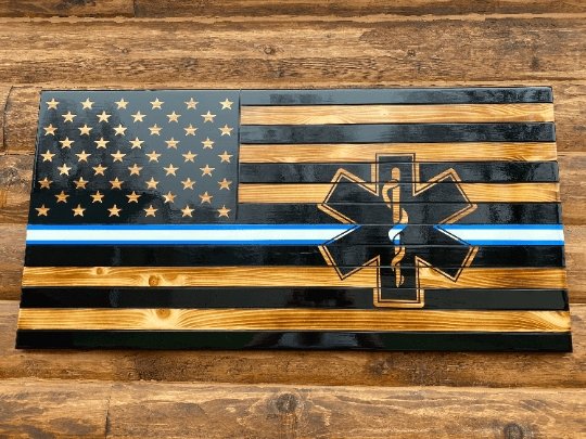 91108-E Thin Blue & White Line Wooden American Flag w/Engraved Stars - Ozark Cabin Décor, LLC