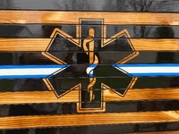 91108-E Thin Blue & White Line Wooden American Flag w/Engraved Stars - Ozark Cabin Décor, LLC