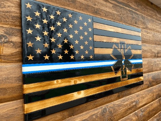 91108-E Thin Blue & White Line Wooden American Flag w/Engraved Stars - Ozark Cabin Décor, LLC