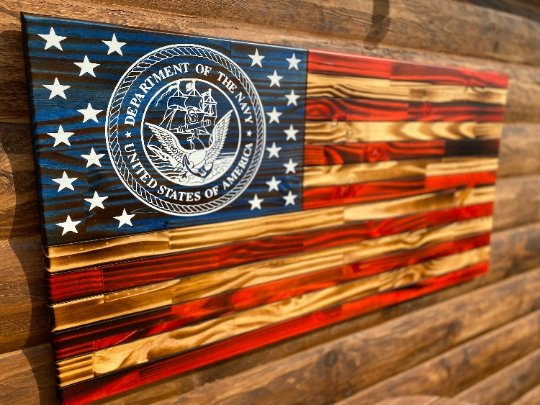 91105 Rustic Military Insignia Wooden American Flag - Ozark Cabin Décor, LLC