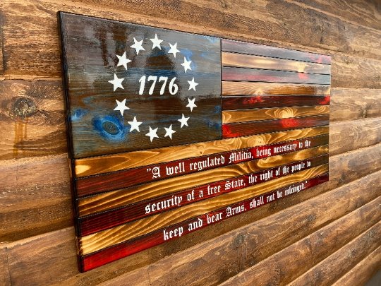 91111 Rustic 1776 Betsy Ross Wooden Flag With 2nd Amendment - Ozark Cabin Décor, LLC