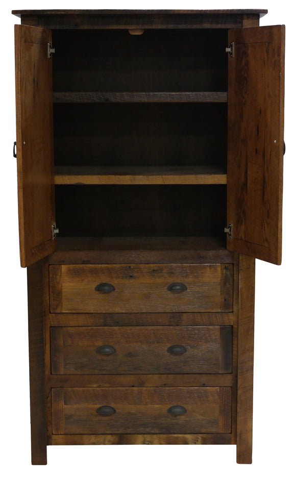 B12090-B-P Fireside Lodge Barnwood Three Drawer Armoire w/Adjustable Shelving - Ozark Cabin Décor, LLC