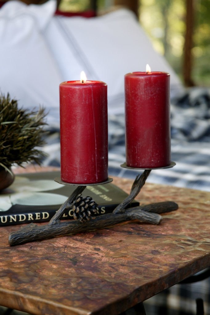 Iron Pine Branch Pillar Candle Holder - Double - Ozark Cabin Décor, LLC