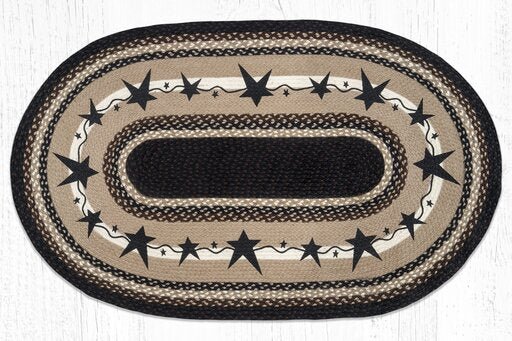 OP-313 Primitive Stars Black Oval Braided Rug - Ozark Cabin Décor, LLC