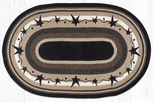 OP-313 Primitive Stars Black Oval Braided Rug - Ozark Cabin Décor, LLC