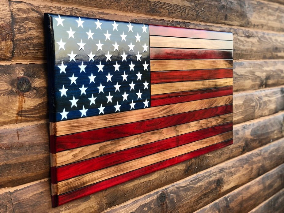 91123-E Rustic Handcrafted Wooden American Flag - Engraved/Painted Stars - Ozark Cabin Décor, LLC