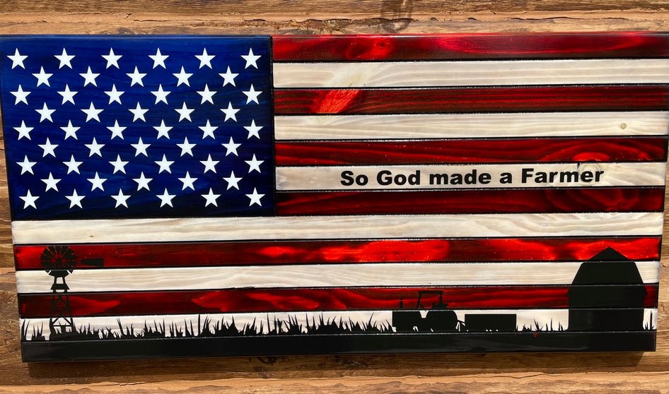 91112 - Farmers' Tribute Rustic American Wooden Flag - Vinyl Stars - Ozark Cabin Décor, LLC