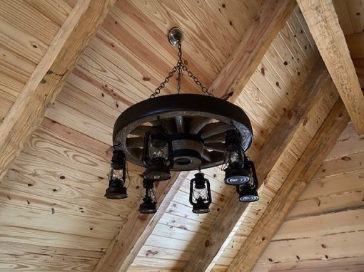 Small Wagon Wheel Chandelier with Lanterns - Ozark Cabin Décor, LLC