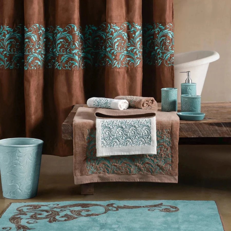 Wyatt Copper & Turquoise Scrollwork Shower Curtain - Ozark Cabin Décor, LLC