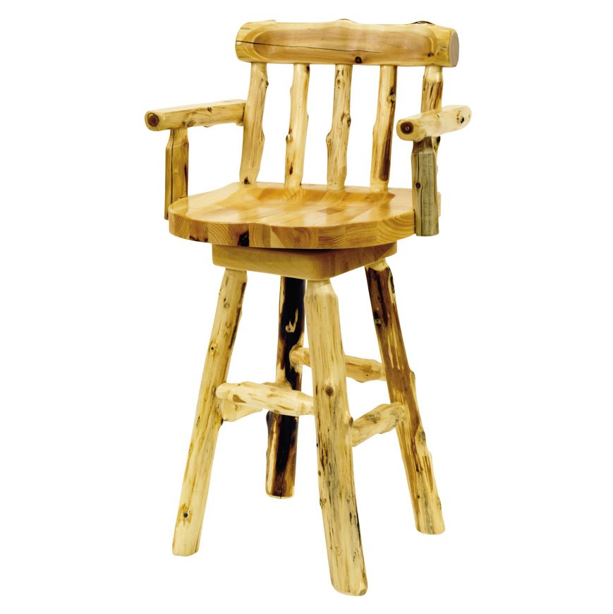 Cedar Log Swivel Counter Stool w/Back and Arms - 24" - Ozark Cabin Décor, LLC